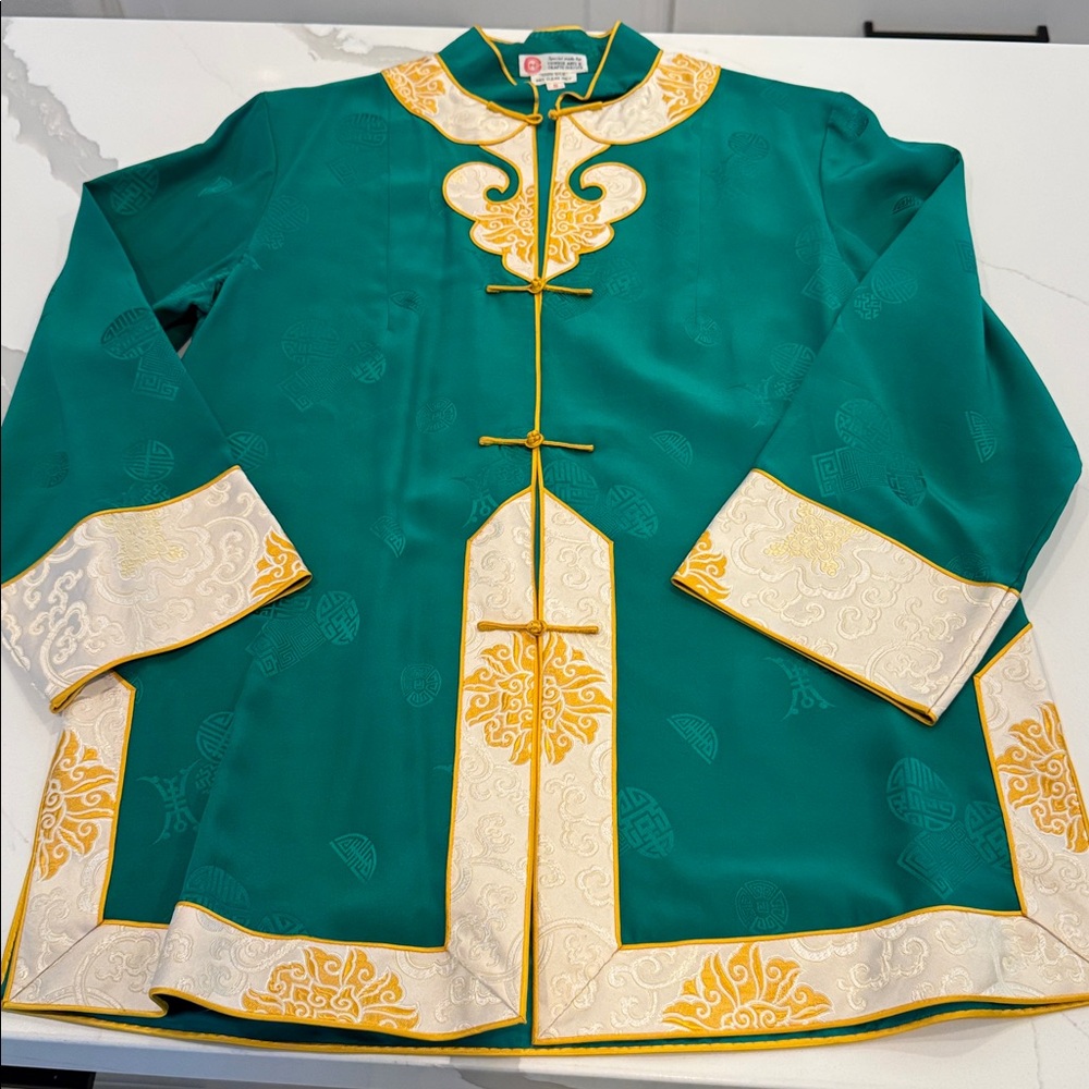 Vintage Chinese Pure Silk Jacket Embroidered Green and Gold S